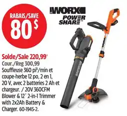 Canadian Tire Worx 20V 360CFM Blower & 12 2-in-1 Trimmer with 2x2Ah Battery & Charger offer