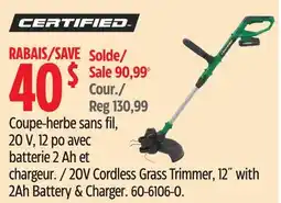 Canadian Tire Certified 20V Cordless Line Grass Trimmer, 12 with 2Ah Battery & Charger offer