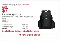 Costco Roots backpack 18 L offer