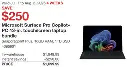 Costco Microsoft Surface Pro Copilot+ PC 13-in. touchscreen laptop bundle offer