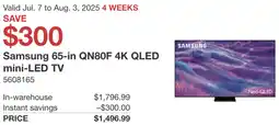 Costco Samsung 65-in QN80F 4K QLED mini-LED TV offer