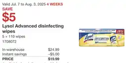 Costco Lysol Advanced disinfecting wipes offer