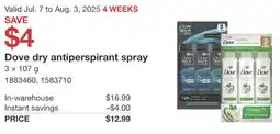 Costco Dove dry antiperspirant spray offer
