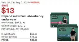 Costco Depend maximum absorbency underwear offer