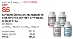 Costco Kirkland Signature multivitamins and minerals for men or women, regular or 50+ offer