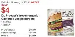 Costco Dr. Praeger's frozen organic California veggie burgers offer