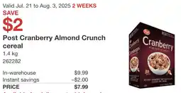 Costco Post Cranberry Almond Crunch cereal offer
