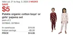 Costco Pekkle organic cotton boys' or girls' pajama set offer