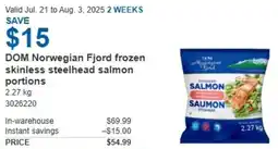 Costco DOM Norwegian Fjord frozen skinless steelhead salmon portions offer