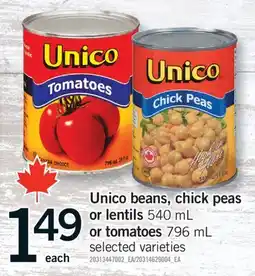 Fortinos UNICO BEANS, CHICK PEAS, OR LENTILS OR LENTILS, 540 ML OR TOMATOES, 796 ML offer