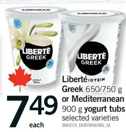 Fortinos LIBERTÉ GREEK 650/750 G OR MEDITERRANEAN 900 G YOGURT TUBS offer