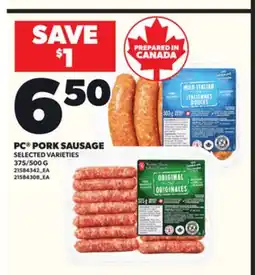Loblaws PC PORK SAUSAGE, 375/500 G offer