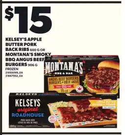 Loblaws KELSEY'S APPLE BUTTER PORK BACK RIBS, 600G OR MONTANA'S SMOKY BBQ ANGUS BEEF BURGERS , 906G offer