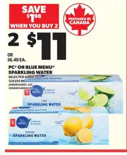 Loblaws PC OR BLUE MENU SPARKLING WATER, 12X355 ML offer