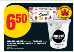 No Frills LIBERTÉ GREEK, 650/750 g, YOPLAIT, 16's or YOP NO SUGAR ADDED, 8's YOGURT offer