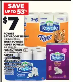 Independent Grocer ROYALE BATHROOM TISSUE, 12 DOUBLE ROLLS, TIGER TOWELS PAPER TOWELS, 3=6 ROLLS OR FACIAL TISSUE, 6'S offer