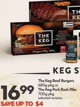Longo's The Keg Beef Burgers 680g pkg or The Keg Pork Back Ribs 700g pkg offer