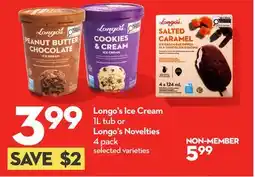 Longo's Longo's Ice Cream 1L tub or Longo's Novelties 4 pack offer