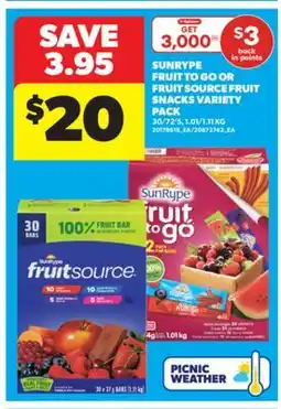 Real Canadian Superstore SUNRYPE FRUIT TO GO OR FRUIT SOURCE FRUIT SNACKS VARIETY PACK, 30/72'S, 1.01/1.11 KG offer