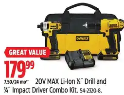 Canadian Tire DEWALT 20V MAX Li-Ion 1⁄2˝ Drill and 1⁄4˝ Impact Driver Combo Kit offer