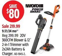 Canadian Tire WORX 20V 360CFM Blower & 12 2-in-1 Trimmer with 2x2Ah Battery & Charger offer