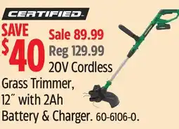 Canadian Tire Certified 20V Cordless Line Grass Trimmer 12 WITH 2Ah battery & Charger offer