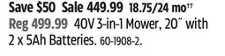 Canadian Tire Worx 40V 3-in-1 Mower, 20˝ with 2 x 5Ah Batteries offer