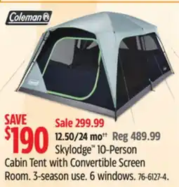 Canadian Tire Coleman Skylodge 10-Person Cabin Tent with Convertible Screen Room. 3-season use. 6 windows offer