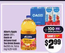 Chalo FreshCo Allen's Apple Juice 1.89 L Oasis or Arizona Iced Tea Drink Boxes 8x200 mL Tetra offer