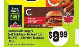 FreshCo Compliments Burgers Beef, Chicken or Turkey Frozen 680-907 g or Smoked Sausages 900 g offer