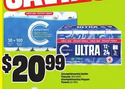 FreshCo Compliments Bath Tissue 30-100 Compliments Paper Towel 12-24 offer