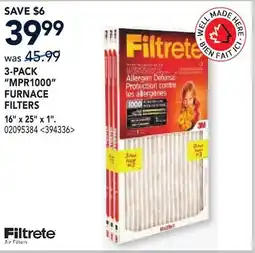 RONA FILTRETE 3-PACK MPR1000 FURNACE FILTERS 16 x 25 x 1 offer