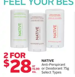 Rexall NATIVE Anti-Perspirant or Deodorant 75g offer
