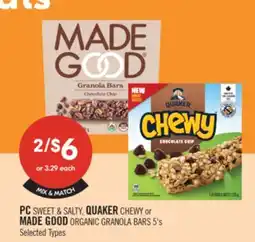 Shoppers Drug Mart PC SWEET & SALTY, QUAKER CHEWY or MADE GOOD ORGANIC GRANOLA BARS 5's offer