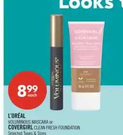 Shoppers Drug Mart L'OREAL VOLUMINOUS MASCARA OR COVER GIRL CLEAN FREE FOUNDATION offer