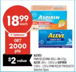 Shoppers Drug Mart ALEVEX PAIN RELIEVING ROLL-ON (72g) ALEVE (40s-100s) or ASPIRIN (100's-120's) PAIN RELIEF PRODUCTS offer