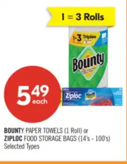 Shoppers Drug Mart BOUNTY PAPER TOWELS (1 Roll) or ZIPLOC FOOD STORAGE BAGS (14's - 100's) offer