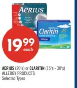 Shoppers Drug Mart AERIUS (20's) or CLARITIN (15's - 30's) ALLERGY PRODUCTS offer