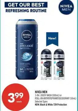 Shoppers Drug Mart NIVEA MEN 3-IN-1 BODY WASH (500mL) or O ROLL-ON ANTIPERSPIRANT/DEODORANT (50mL) offer