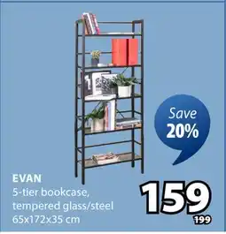 JYSK EVAN 5-tier bookcase, tempered glass steel offer