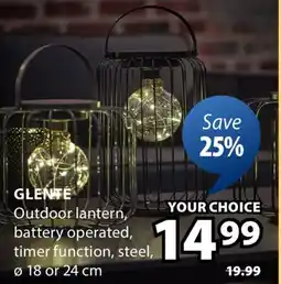 JYSK GLENTE Outdoor lantern, battery operated, timer function, steel offer