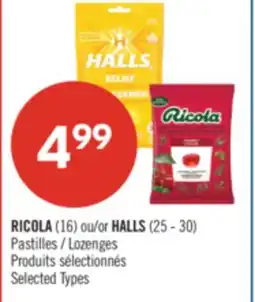 Pharmaprix RICOLA (16) or HALLS (25 - 30) Pastilles / Lozenges offer