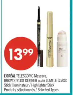 Pharmaprix L'ORÉAL TELESCOPIC Mascara, BROW STYLIST DEFINER or LUMI LE GLASS Highlighter Stick offer
