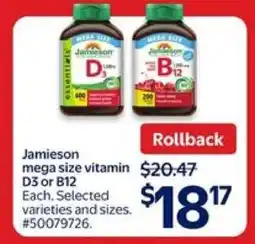 Walmart Jamieson Mega Size Vitamin D3 or B12 offer