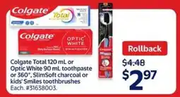 Walmart Colgate Total or Optic White Toothpaste or Toothbrush offer