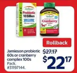 Walmart Jamieson Probiotic 60s or Cranberry Complex 100s offer