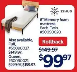 Walmart Zinus 6 Memory Foam Mattress offer