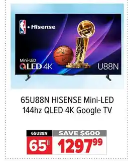 2001 Audio Video 65U88N 65 HISENSE Mini-LED 144hz QLED 4K Google TV offer