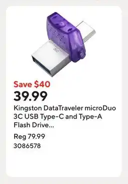 Staples Kingston DataTraveler microDuo 3C USB Type-C and Type-A Flash Drive - 256GB offer