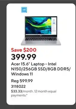 Staples Acer 15.6 Laptop - Intel N150/256GB SSD/8GB DDR5/Windows 11 offer